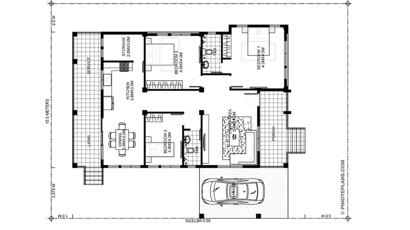 Denah Rumah Sederhana 3 Kamar 1 Carport