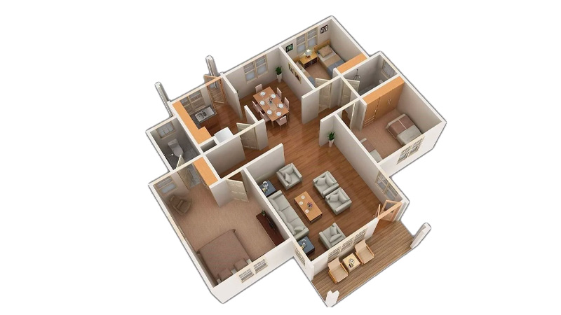 Denah Rumah Sederhana 3 Kamar dengan Satu Set Sofa Ruang Tamu