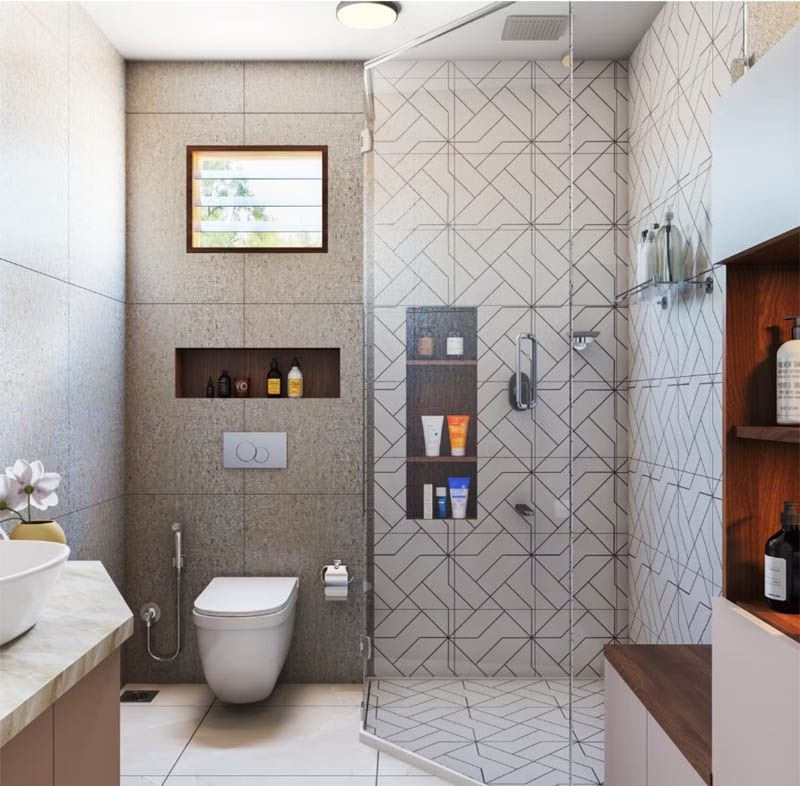 desain kamar mandi minimalis Artistik Kombinasi Keramik