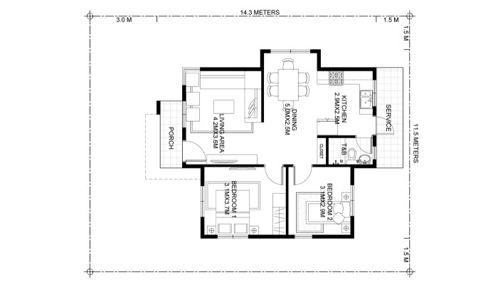 Denah Rumah Minimalis 1 Lantai 2 Kamar