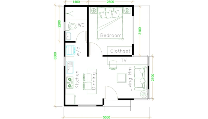 Desain Rumah 6x12 Tanpa Garasi Model 1 Kamar