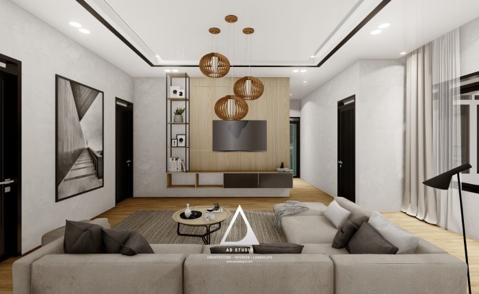 Plafon PVC dengan Desain Minimalis dan Lampu Gantung
