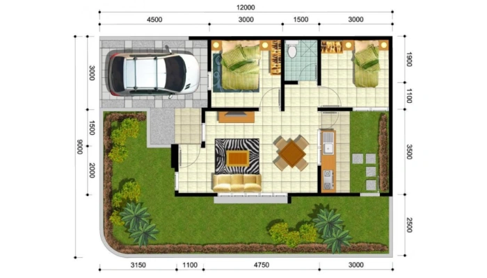 Denah Rumah Minimalis 2 Kamar 6x8 dengan Carport