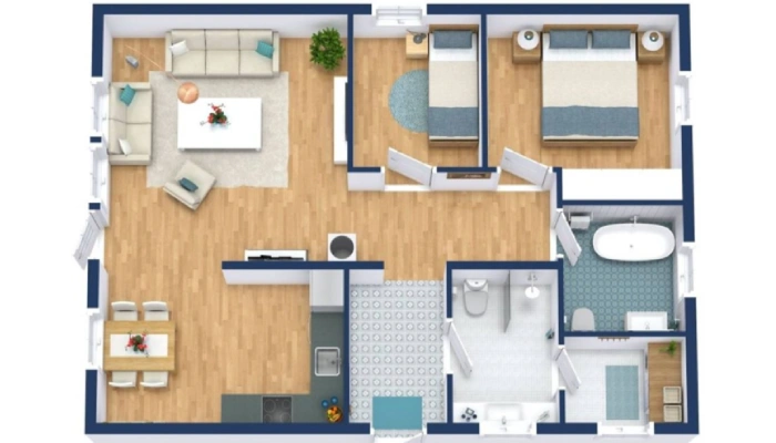 Denah Rumah Minimalis 2 Kamar 6x8 dengan Lantai Kayu