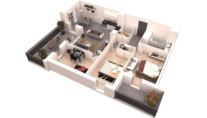Denah Rumah Minimalis 2 Kamar 6x8 dengan Ruang Makan Terbuka