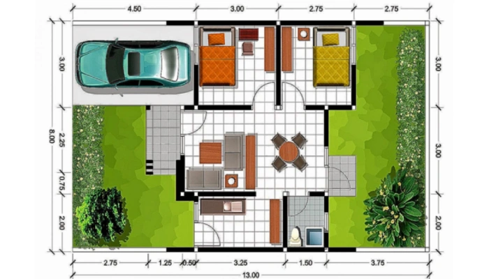 Denah Rumah Minimalis 2 Kamar 6x8 dengan Taman