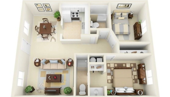 Denah Rumah Minimalis 2 Kamar 6x8 dengan Walk in Closet