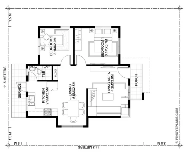 desain denah rumah minimalis 2 kamar tidur luas