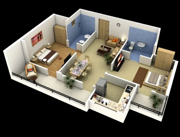 desain denah rumah minimalis 2 kamar tidur toilet 2