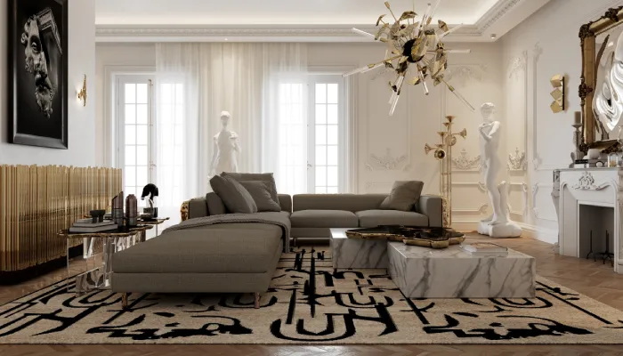 desain ruang tamu elegan karpet bermotif