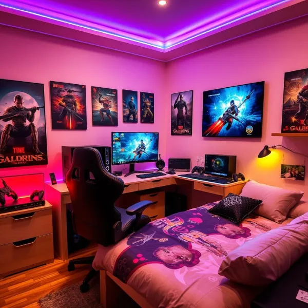 desain kamar tidur gaming penuh dengan poster