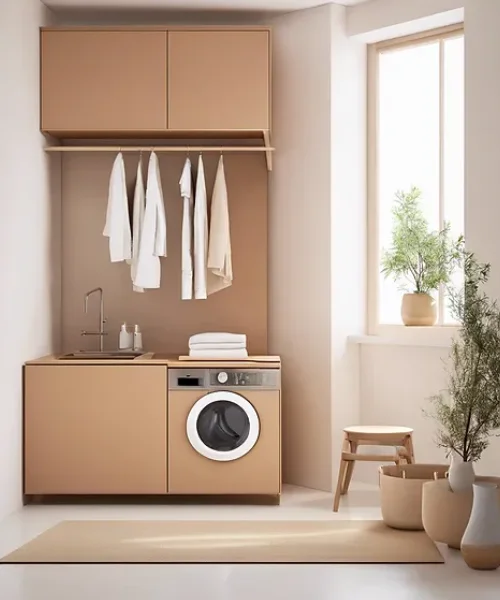 desain sempit ruang laundry minimalis coklat putih