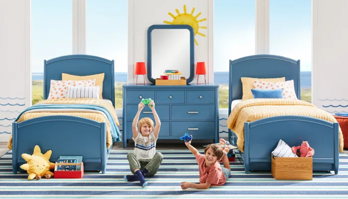 desain kamar tidur anak 2 kasur warna biru