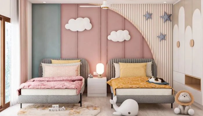 desain kamar tidur anak 2 kasur awan dan bintang
