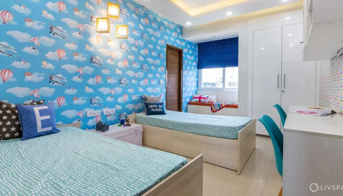 desain kamar tidur anak 2 kasur biru laut ikan