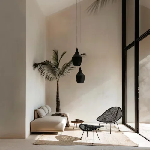 dekorasi ruang tamu minimalis denga tumbuhan palm