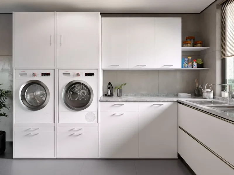 tempat mesin cuci di dapur tema putih minimalist