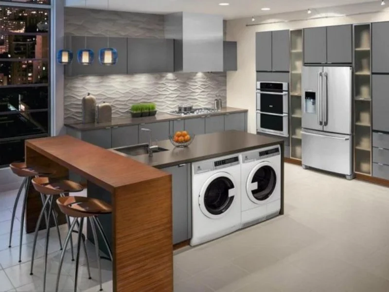 tempat mesin cuci di dapur dengan tempat makan
