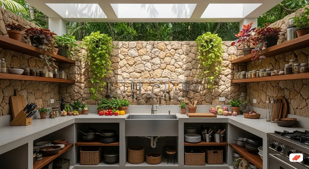 desain Wastafel di Dapur Semi-Outdoor Tropis