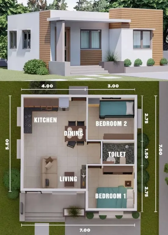 denah rumah minimalis 2 kamar tidur Sederhana