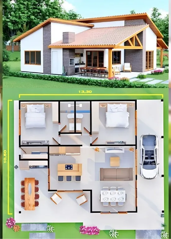 denah rumah minimalis 2 kamar tidur fungsional