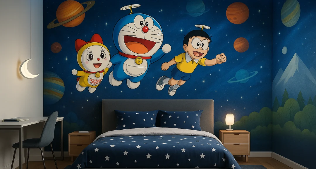 gambar lukisan doraemon nobita dorami di dinding kamar