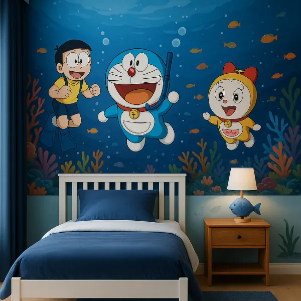 kamar tidur dengan gambar lukisan doraemon Nuansa Laut Doraemon