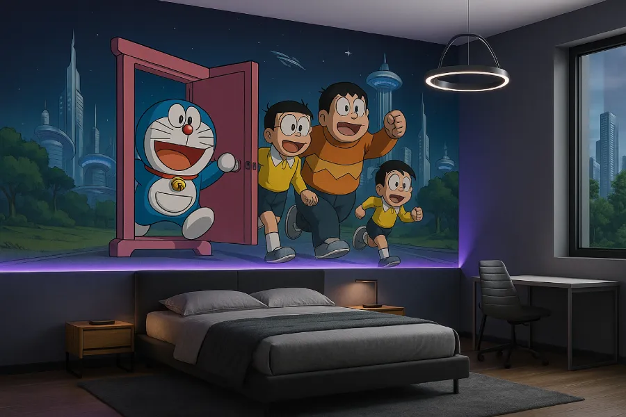 kamar tidur dengan gambar lukisan doraemon Nuansa Tidur Futuristik