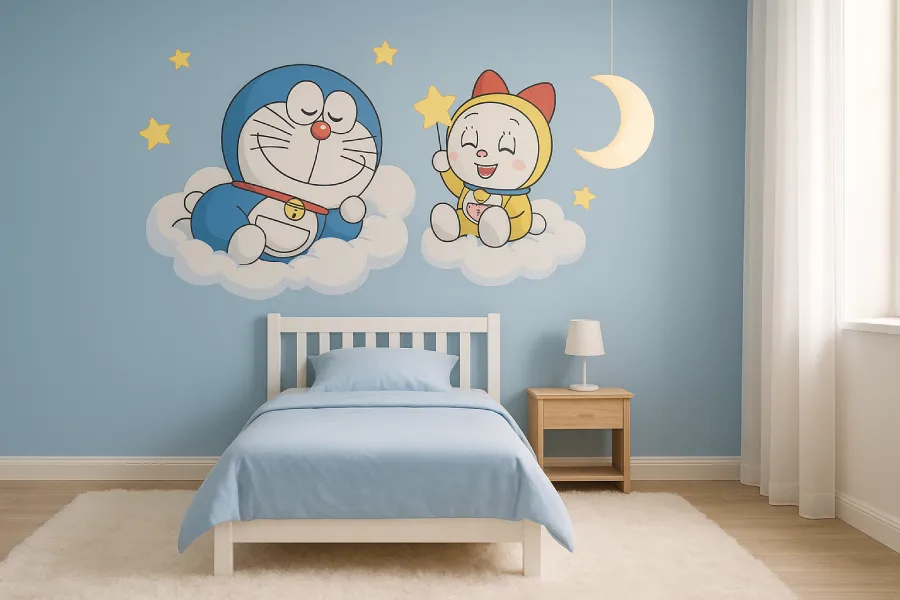 kamar tidur dengan gambar lukisan doraemon dorami