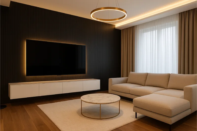 backdrop tv minimalis ruang keluarga Hitam Modern