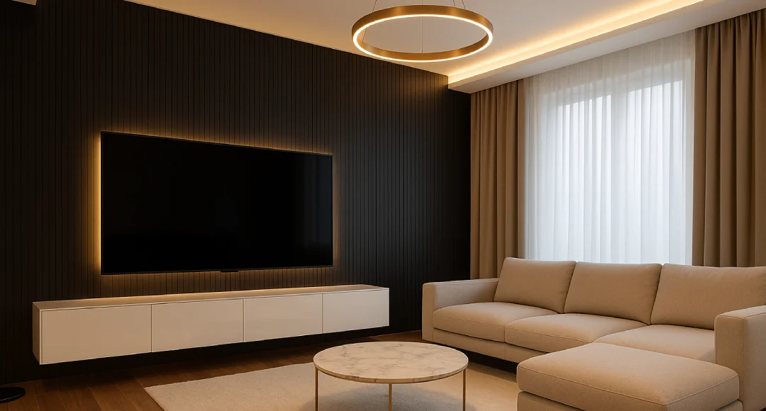 backdrop tv minimalis ruang keluarga lampur disekitar tv