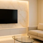 backdrop tv minimalis ruang keluarga tembok marmer elegan