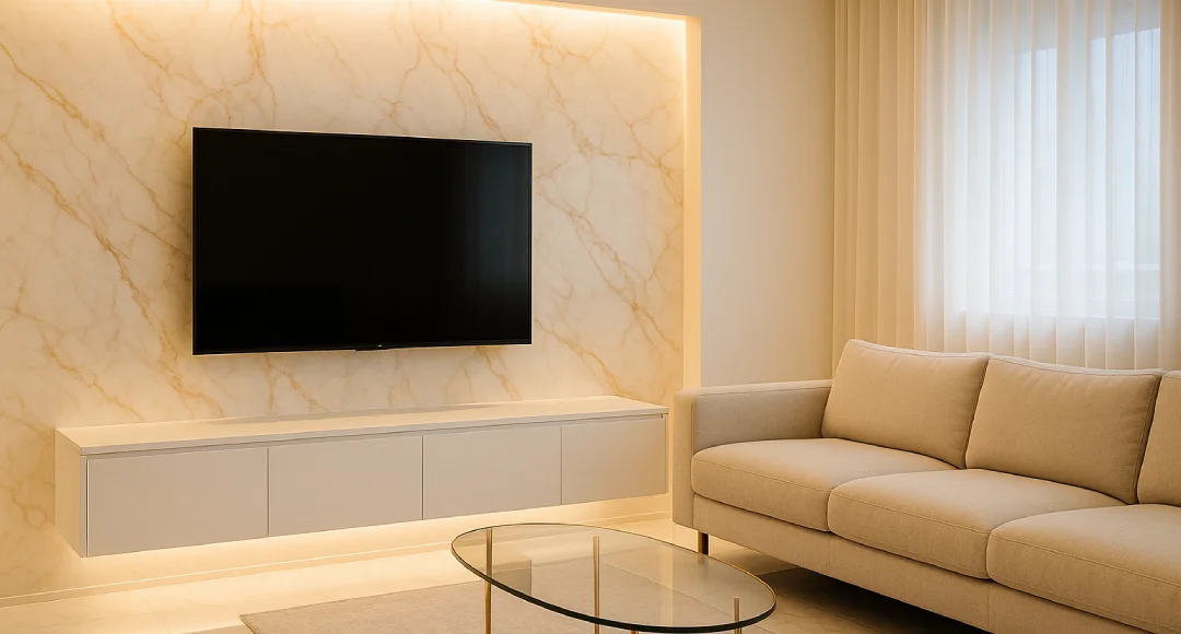backdrop tv minimalis ruang keluarga tembok marmer elegan
