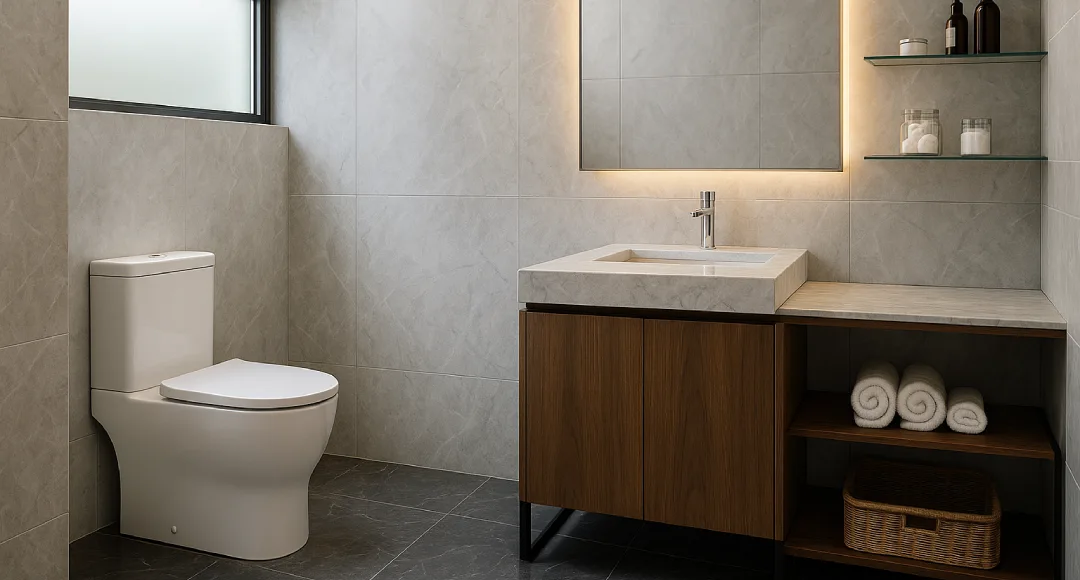 desain kamar mandi dengan wc duduk putih minimalist