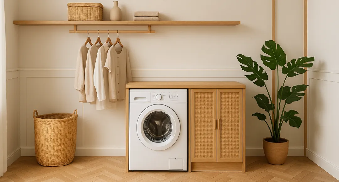 desain ruang laundry japandi ada tempat pakaian