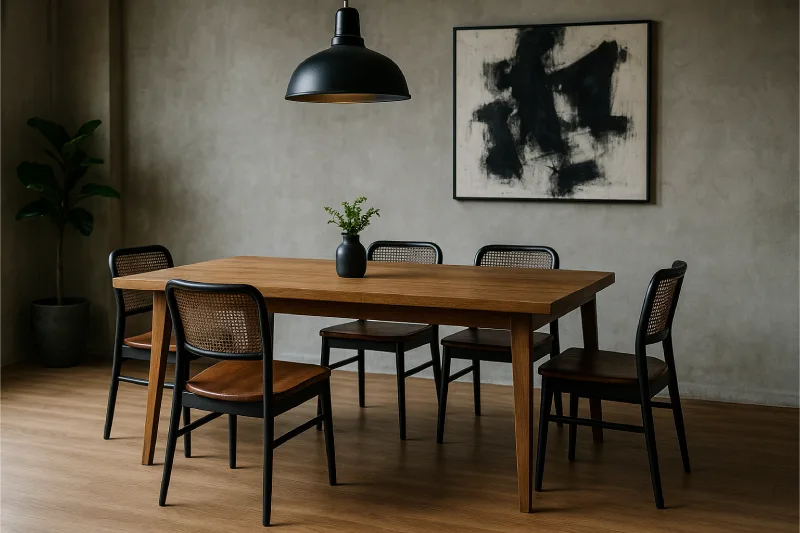 desain ruang makan industrial Minimal Hangat