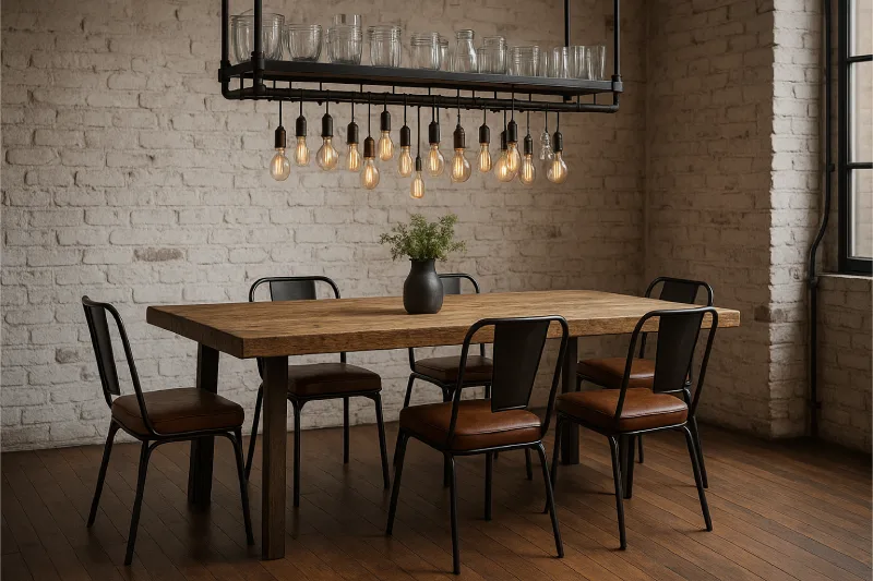 desain ruang makan industrial Rak Besi Gantung