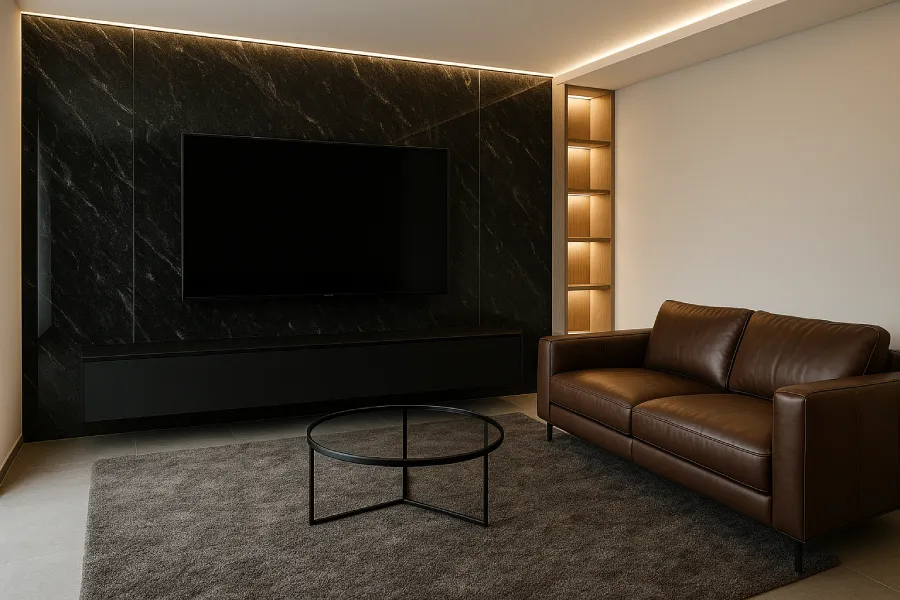 ruang tv dengan gaya minimalis mewah Hitam Modern