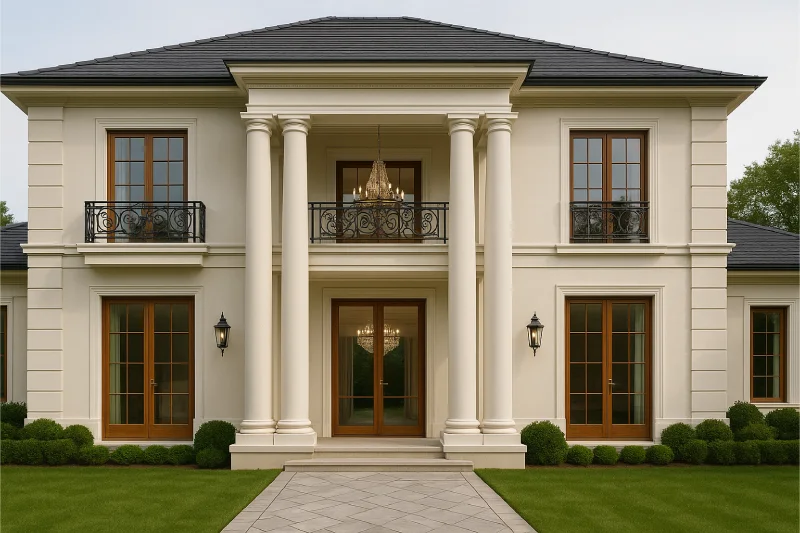 tampilan depan desain rumah klasik modern Simetris Megah