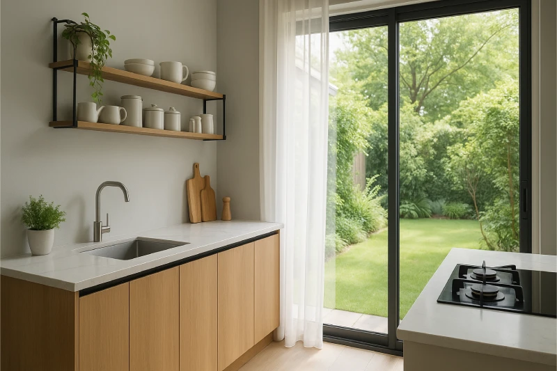 Desain Dapur Minimalis 3x2 Pintu Geser Kaca