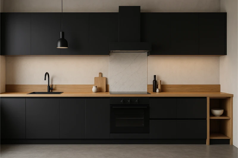 Desain Dapur Minimalis 3x2 Sentuhan Hitam Doff