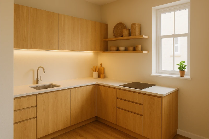 Desain Dapur Minimalis 3x2 Sudut Kayu Hangat