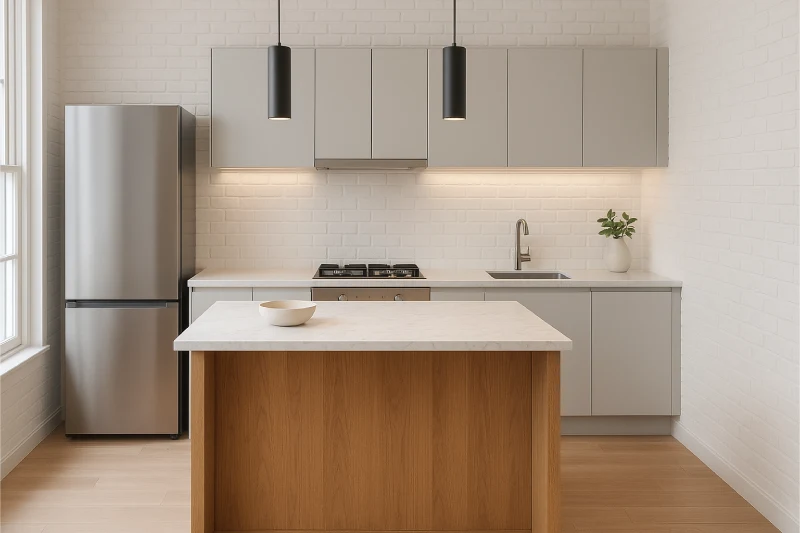 Desain Dapur Minimalis 3x3 Island Tengah Kayu