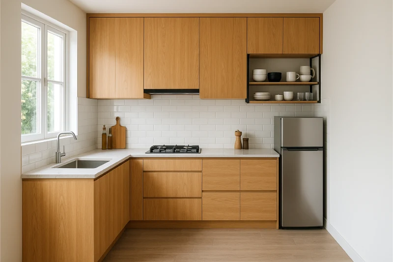 Desain Dapur Minimalis 3x3 Kabinet Kayu Terang