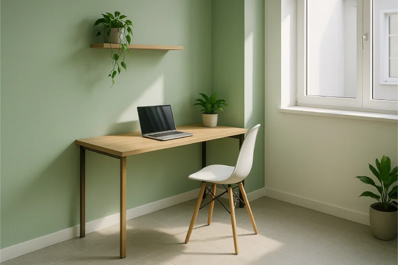 desain ruang kantor kecil minimalis dengan Tanaman Hijau