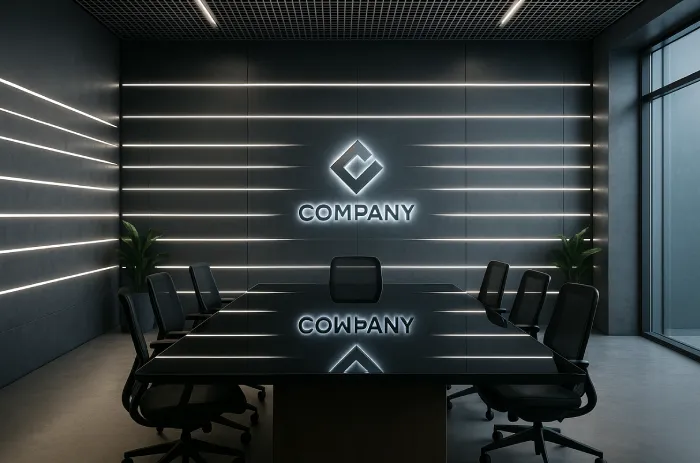 Desain backdrop ruang rapat Futuristik Lampu Neon
