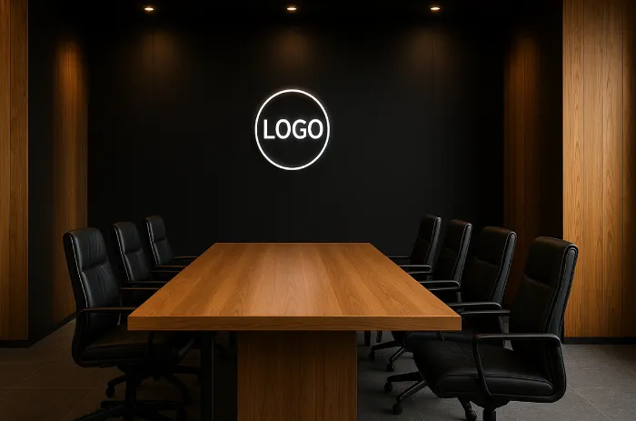 Desain backdrop ruang rapat Hitam Dramatis Fokus