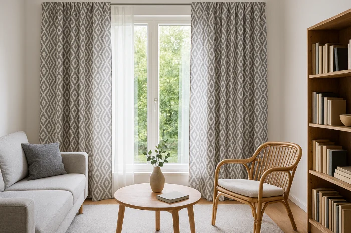 Desain gorden jendela ruang tamu modern Motif Geometris Scandi