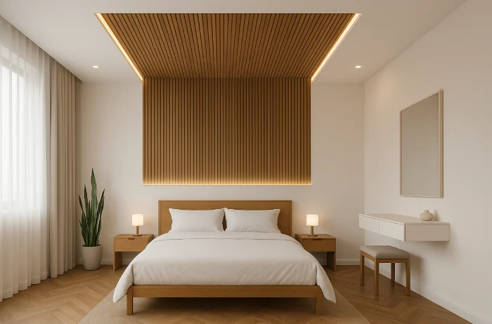 Plafon kamar tidur minimalis sederhana Panel Kisi Kayu_