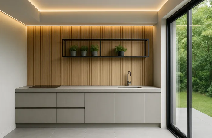 dapur minimalis ukuran 4x6 Japandi Abu-Kayu